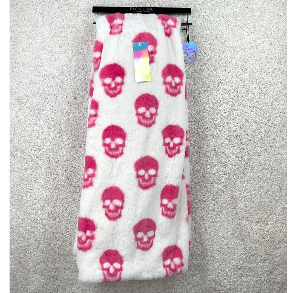 Rachel Zoe Pink Skull Luxe Faux Fur Throw Blanket White 50x70 New With Tags